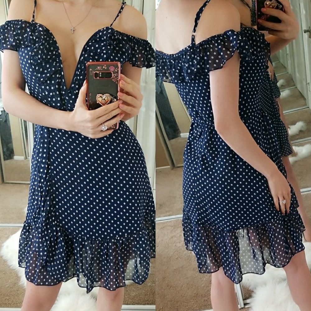Navy Polka Dot Cold Shoulder Ruffles Dress - Picture 7 of 8
